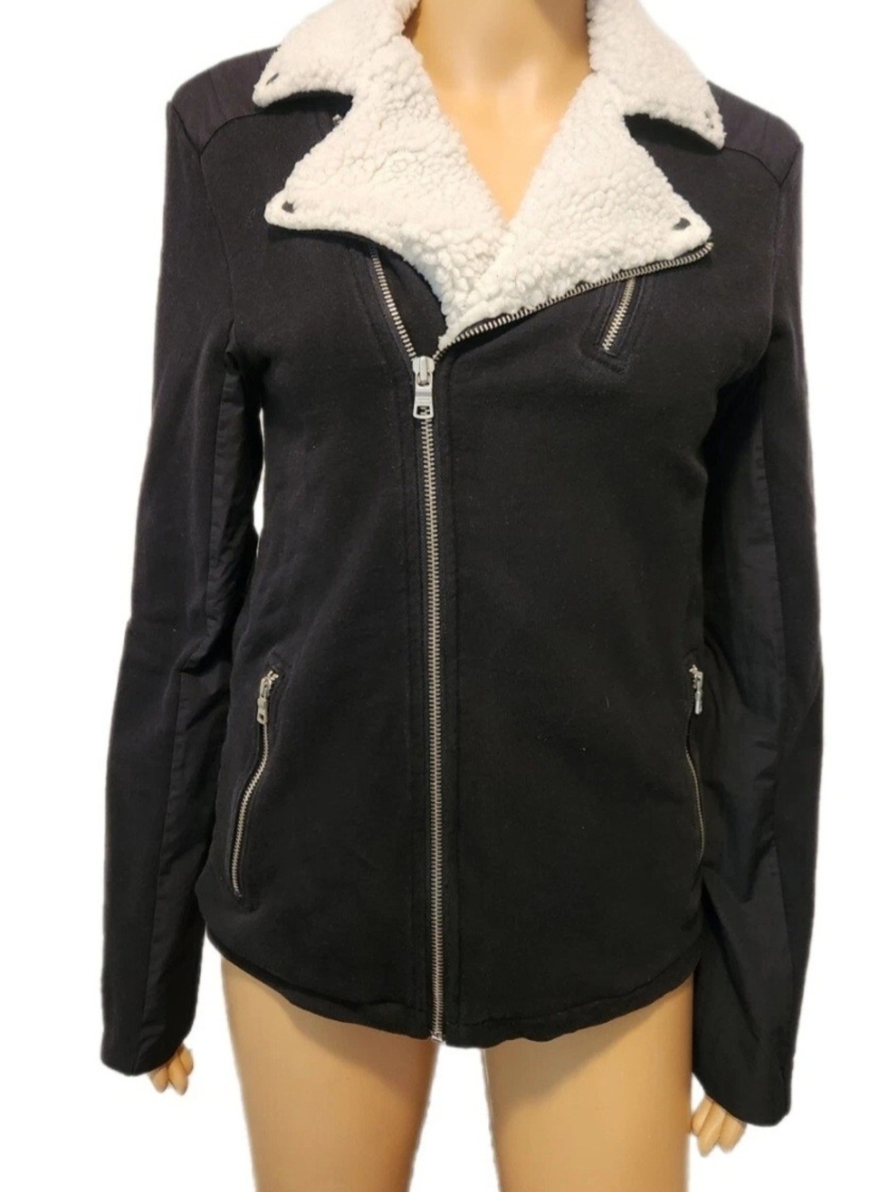 Armani Exchange Size S Mid-length Women’s Black Sherpa-Lined Zip Jacket Pockets